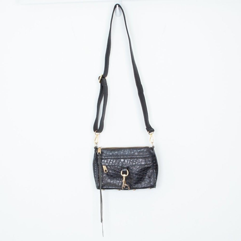 Rebecca Minkoff Mini‎ Mac Crocodile Crossbody Bag Black Adjustable Strap Edgy